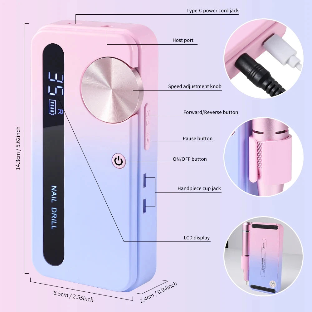 35000RPM Electric Nail Polisher - Professional Gel Nails Care, Rechargeable Portable Nail File Manicure Tool