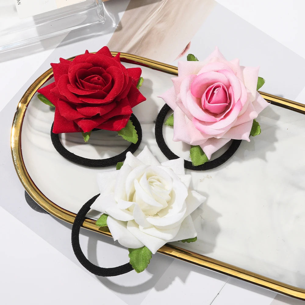 AWAYTR 2pcs New Girls Hair Rope Simulation Flower Cloth Elastic Hair Bands Rose Hair Ties Woman Hair Accesories Wholesale
