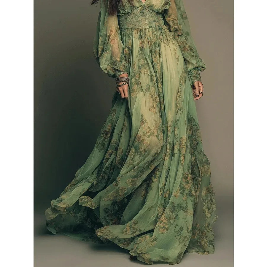 Vestido Bohemio Estampado Manga Larga con Escote en V – Estilo Pastoral