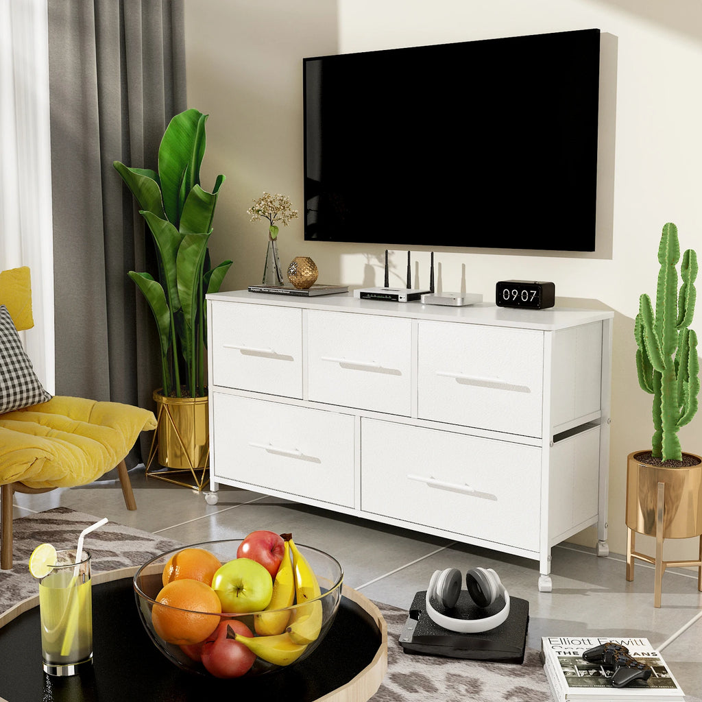 Chest of Drawer Dresser for Bedroom with 5 Fabric Drawers TV Stand with 4 Castors Storage Organizer Unit for Living Room