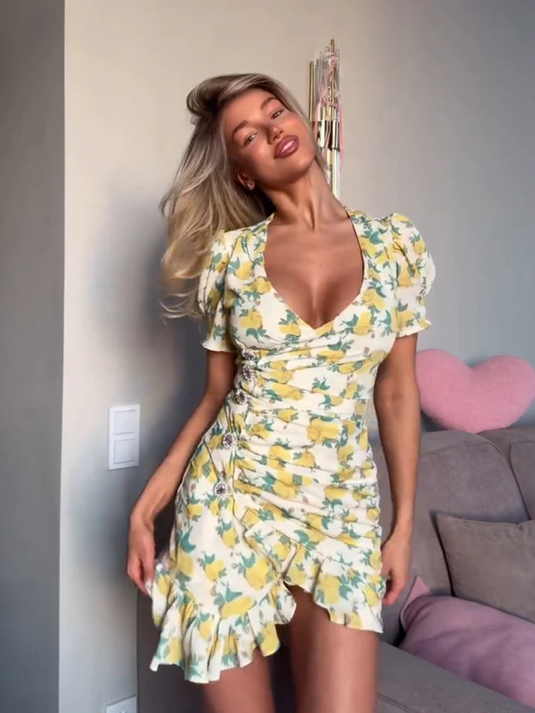 Sexy Floral Printed Mini Dress Women V-neck Flared Sleeve Waist Cinching Ruffle Bodycon Dresses 2026 Lady Party Vacation Gown