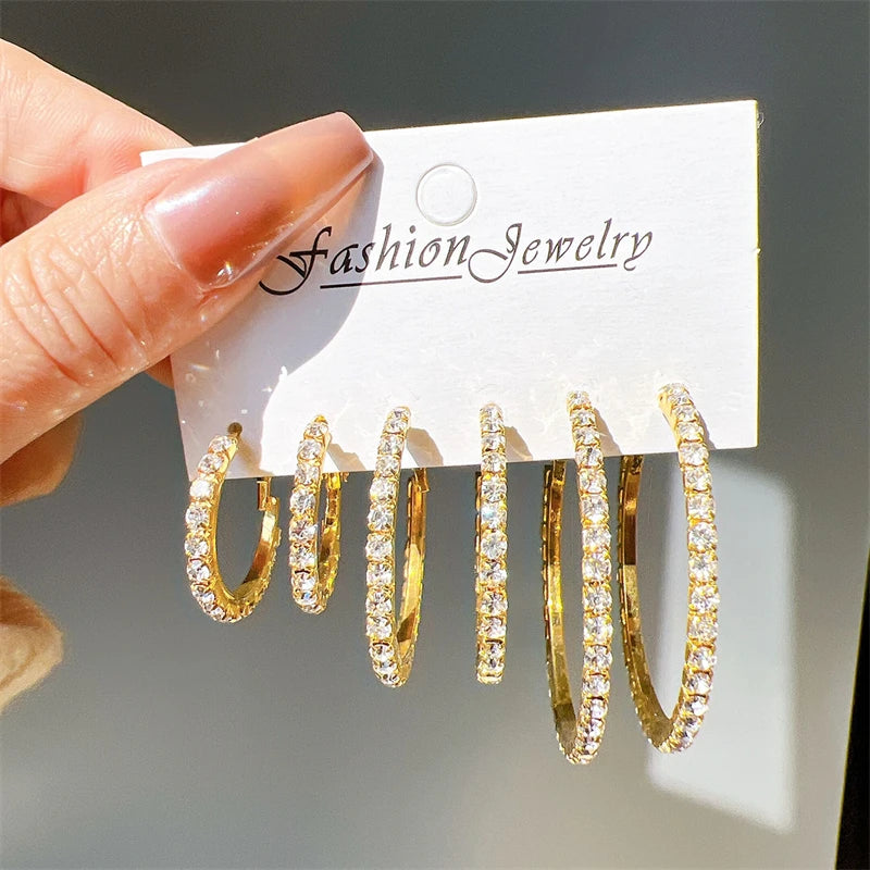 3 Pairs Full Shiny Rhinestone Hoop Earrings For Women Gold Color Sparkling Exaggerated Circle Earring Simple Luxury Jewelry Gift