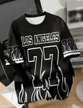 Men's Summer Casual Breathable Round Neck T-shirt Flame Color blocked Los Angeles Letter 77 Printed Outdoor Street Top