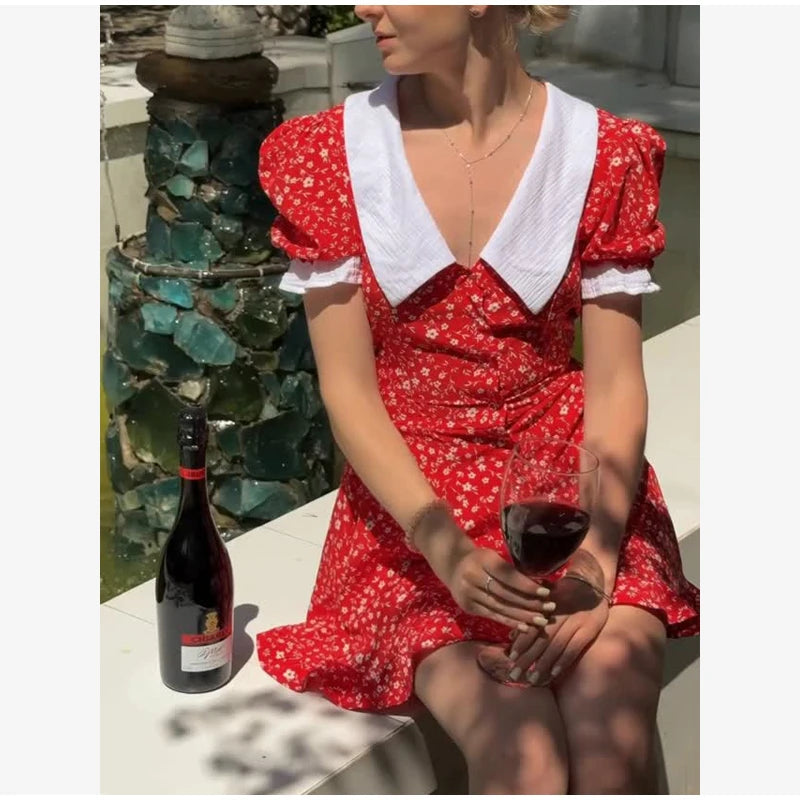 Sexy Floral Printed Mini Dress Women V-neck Flared Sleeve Waist Cinching Ruffle Bodycon Dresses 2026 Lady Party Vacation Gown