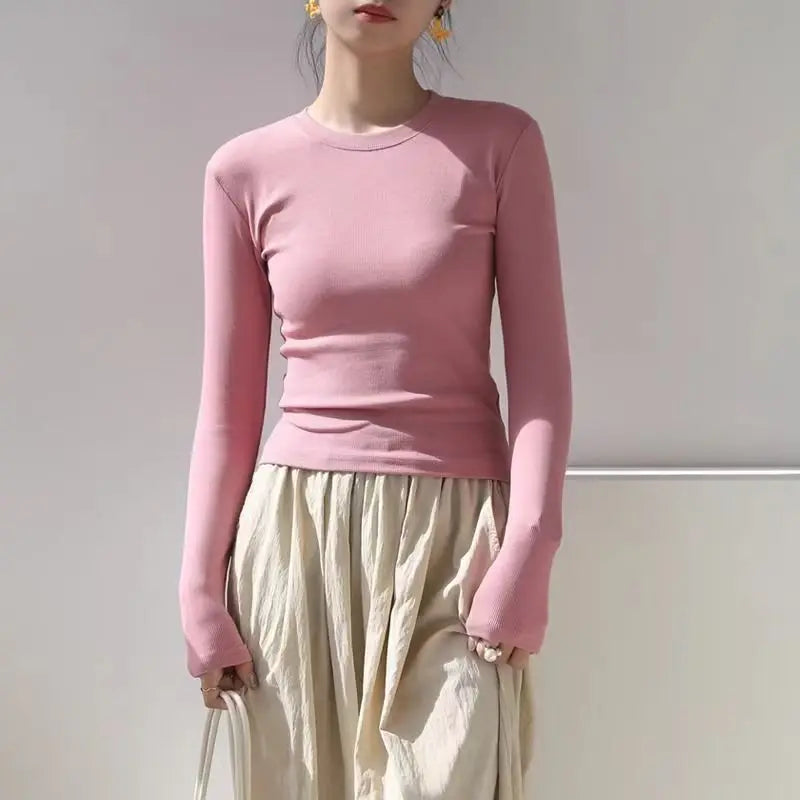 Cotton O Neck Long Sleeve Shirt Women Sexy Cropped Tops 2026 Autumn Black Casual Skinny Slim Basic Woman T Shirts White Clothing