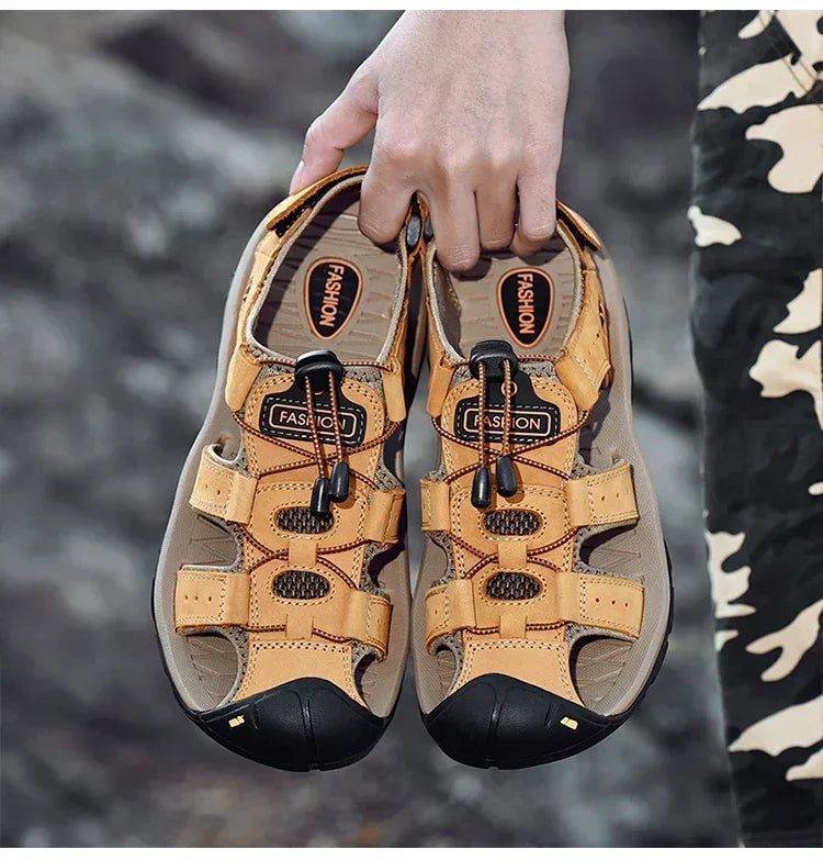 Summer Sandals Leather Outdoor Men Beach Shoes Luxury Breathable Casual Sandal Man Wading Shoes Non-slip Wide lining Slippers