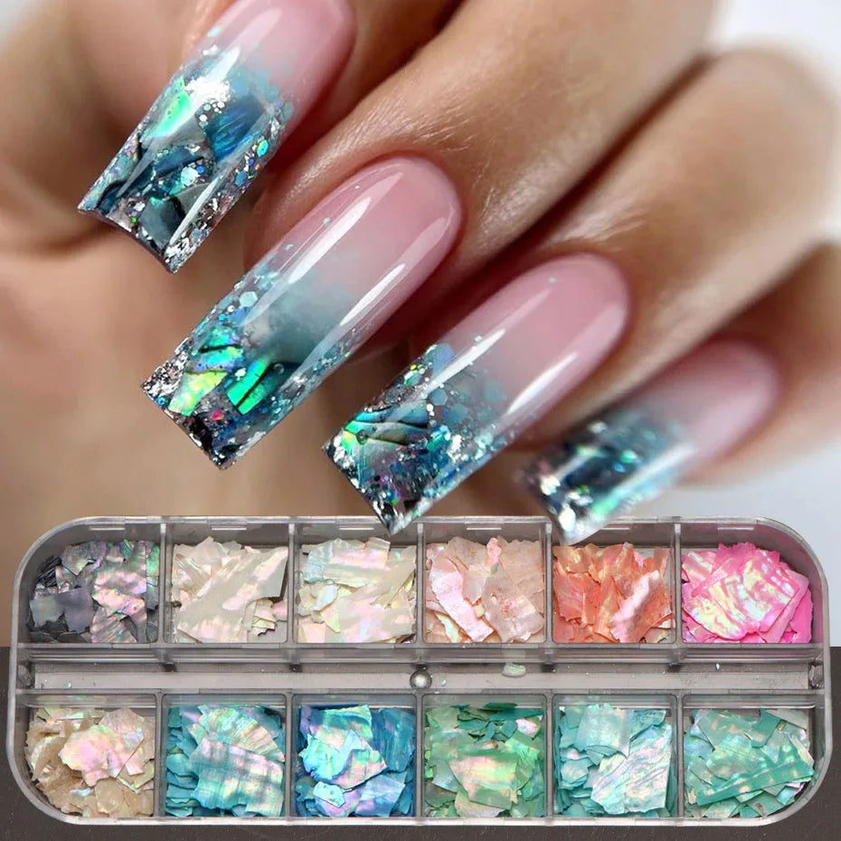 6/12Grid Abalone Sea Shell for Nails Holographic Mirror Nail Art Glitter Flakes Rainbow Mermaid Irregular Sequins Manicure Decor