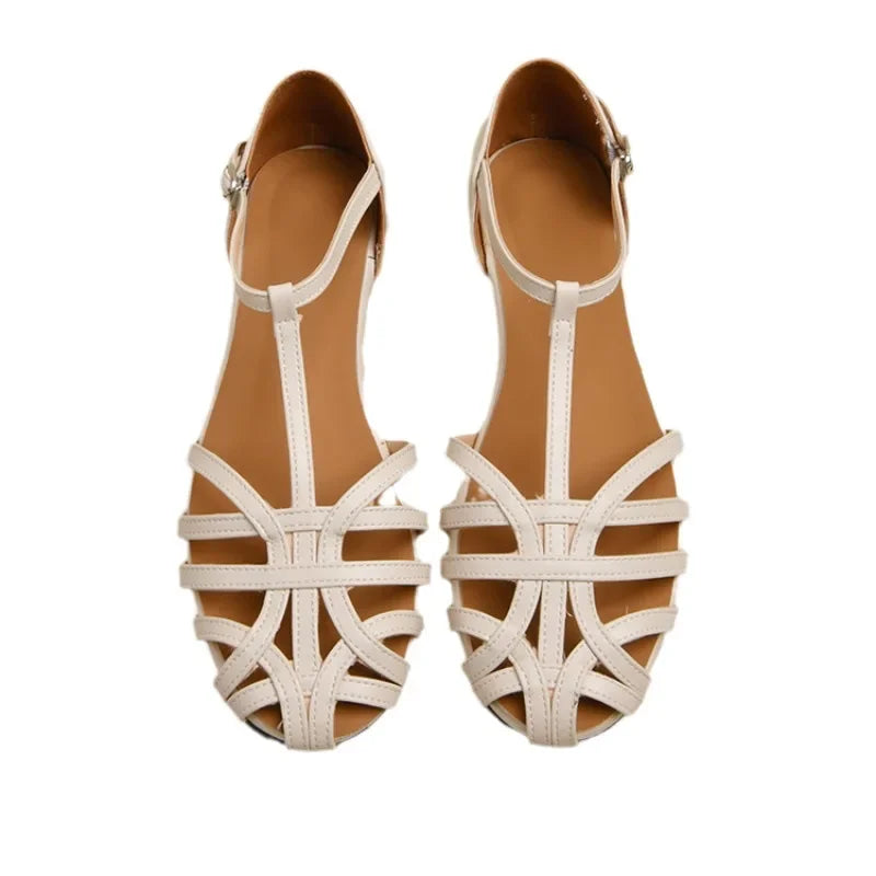 Shoes Female Sandal 2025 Women's Girls Beige New Summer Comfort Low Retro Flat Back Strap Square heel Rubber PU Scandals