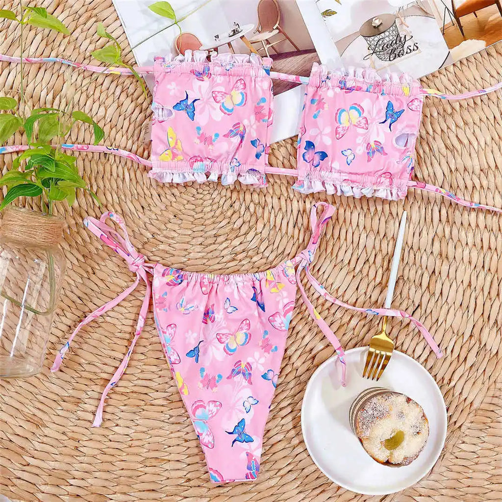 Sexy Leopard Bandeau Brazilian Bikini Swimsuit Female Swimwear Women Two-pieces Bikini set Pleated Bather Bathing Suit V1242L