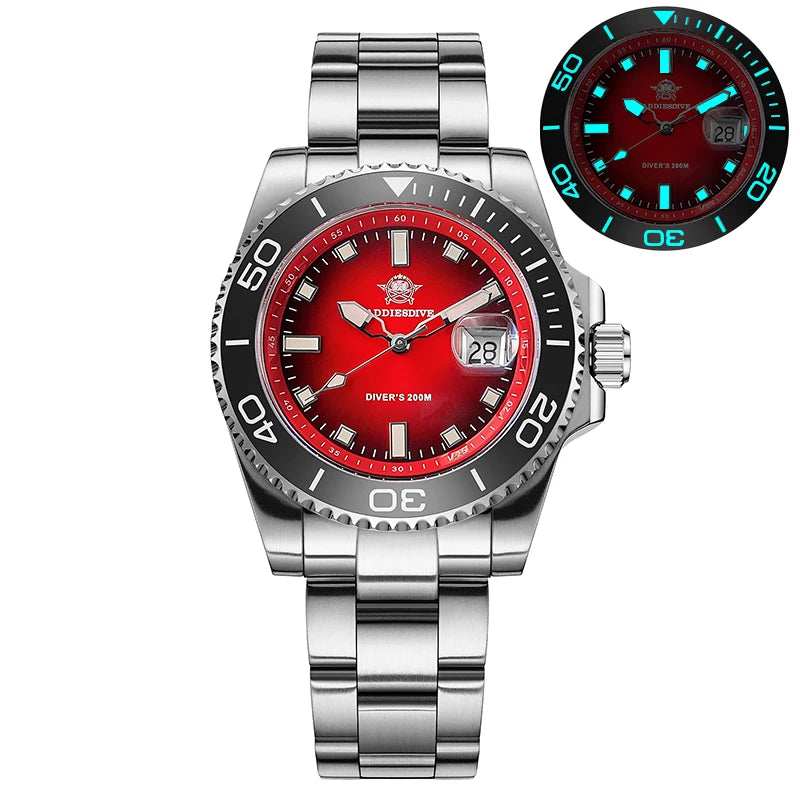 ADDIESDIVE NEW Diver Watch For Men Top Brand Waterproof Luminous Quartz Wristwatch Green/Red/Orange Dial Stainless Steel Watches