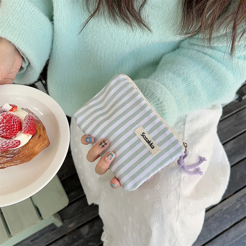 Small Cosmetic Make Up Bag Mini Canvas Striped Organizer Bags for Women Lipstick Makeup Case Children Cute Purse Coin Pouch Case