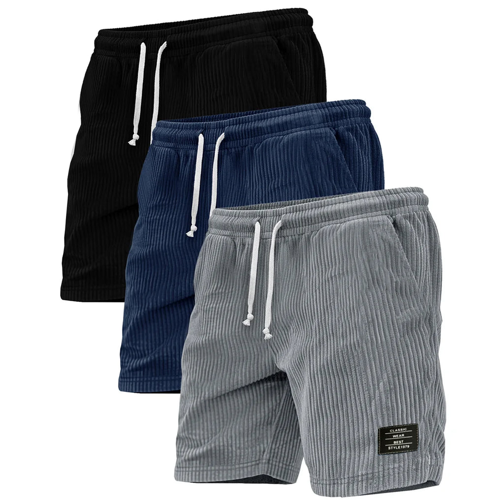 3-piece set of thick striped black label men's corduroy casual shorts, summer retro logo lace up loose sports five quarter pants, multi pocket training pants.