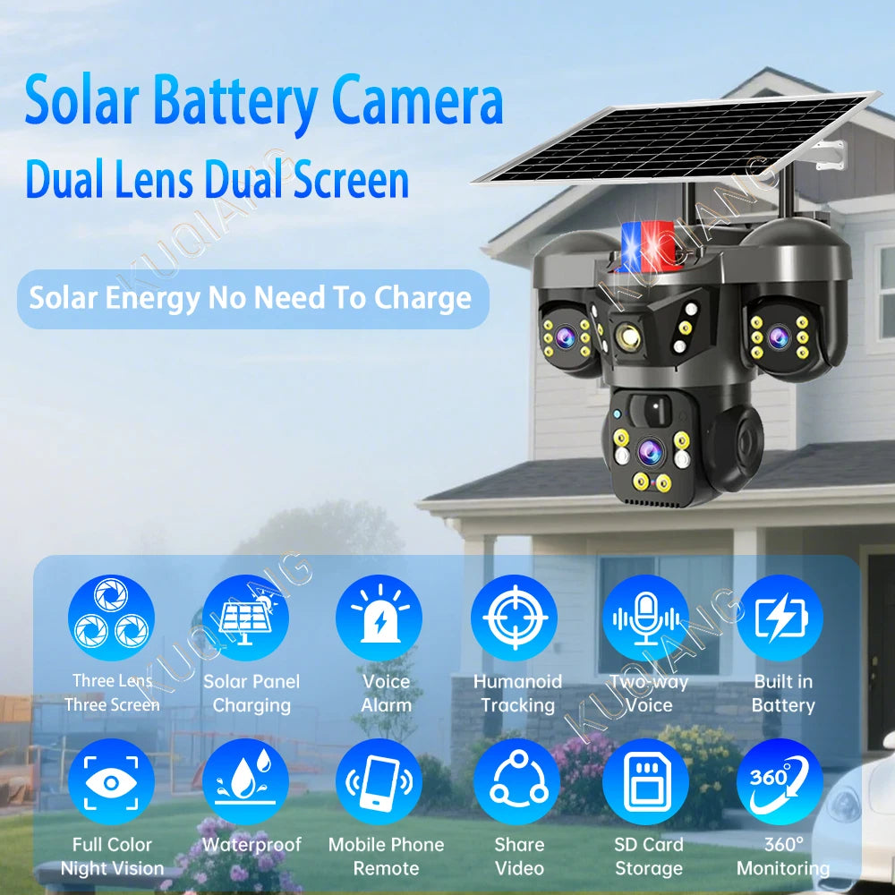 V380 Three Lens Three Screens 15MP 4G Solar Camera Outdoor WiFi 10X Digital Zoom Waterproof Auto Tracking Security CCTV Cameras