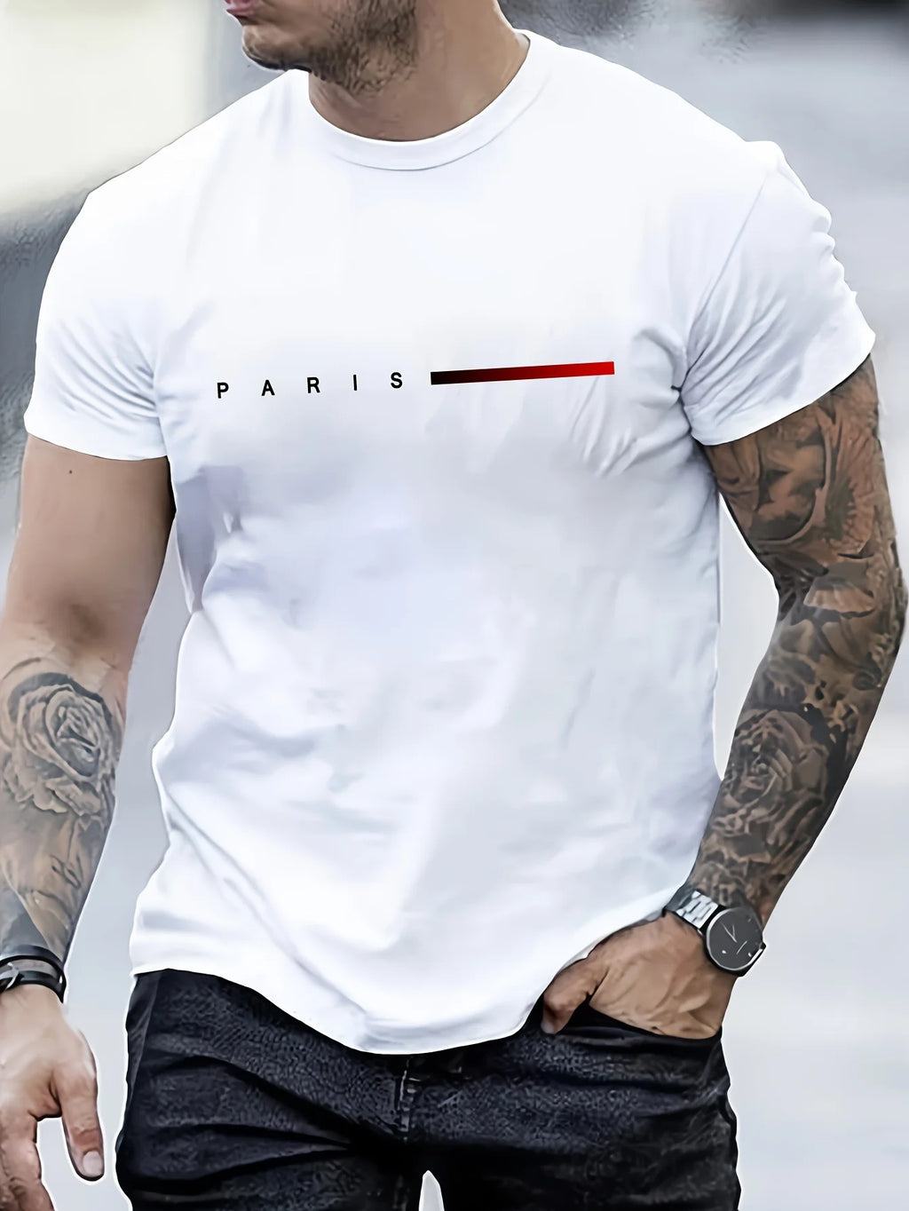 Men's PARIS Letter Print T-Shirt | 100% Cotton Slim Fit Casual Tee