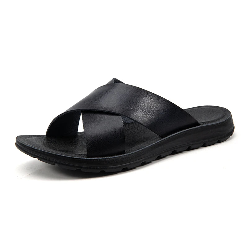 Summer Sandals High Quality Leather Men Bare Toe Slippers Men Shoes Slip on Casual Shoes Outdoor Mens Slides Comfy Beach Sandals