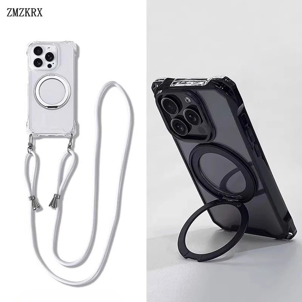 Crossbody Lanyard Strap Holder Phone Case For iphone 17 Air 16 15 14 Plus 13 12 11 Pro Max 16E For Magsafe Magnetic Stand Cover
