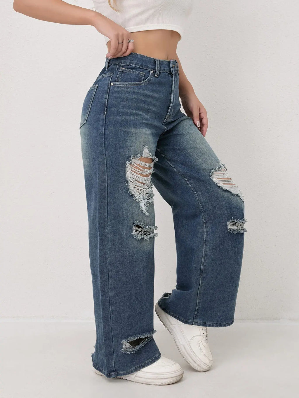 Trendy Wide Leg Distressed Straight Jeans for Women Elastic Casual Bootcut Denim Pants Bestseller Fashionable Ladies Jeans