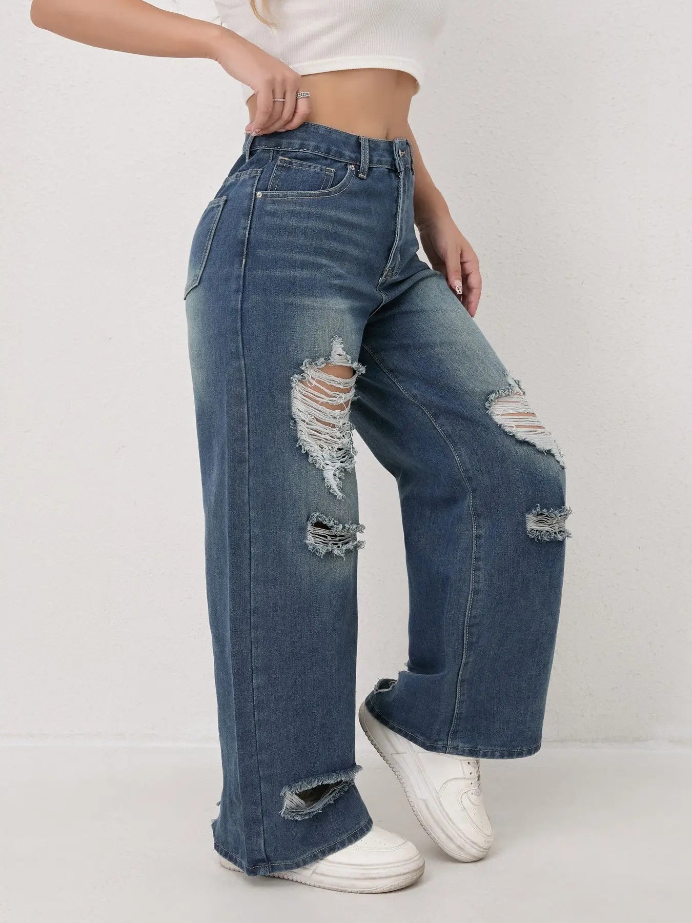 Trendy Wide Leg Distressed Straight Jeans for Women Elastic Casual Bootcut Denim Pants Bestseller Fashionable Ladies Jeans