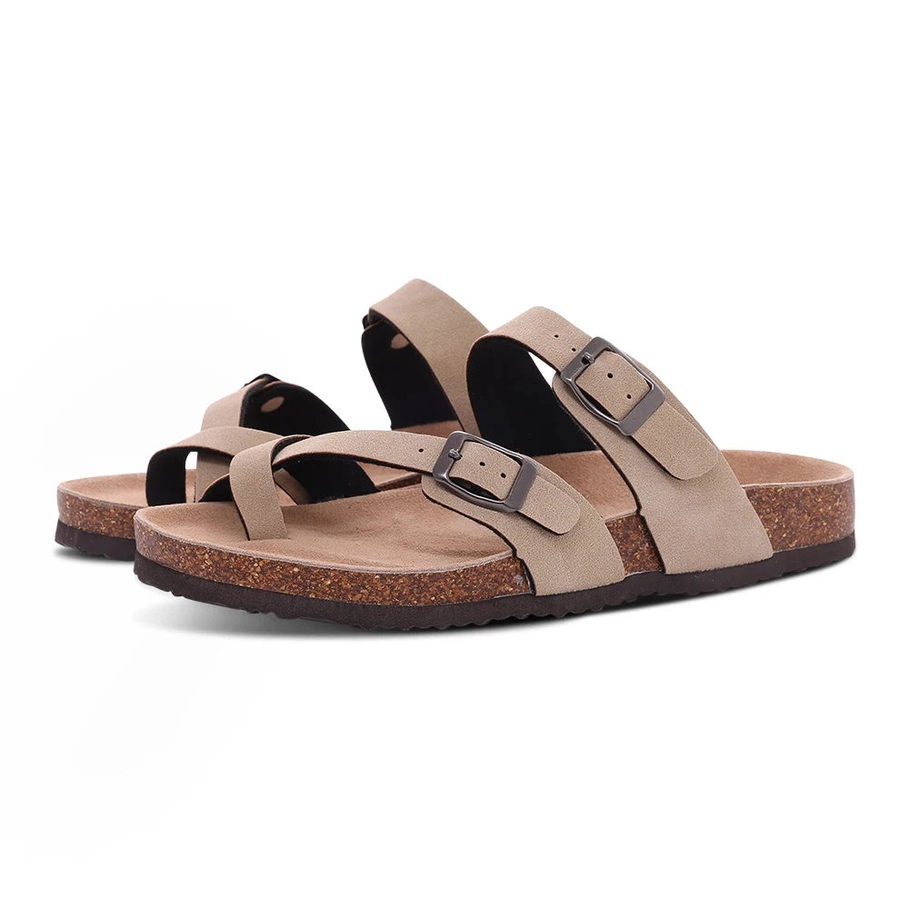 Litfun Women's Cork Footbed Sandals Classic Flat Sandals Fashion Thick Bottom Double Buckle Slides Beach Sandals With Adjustable
