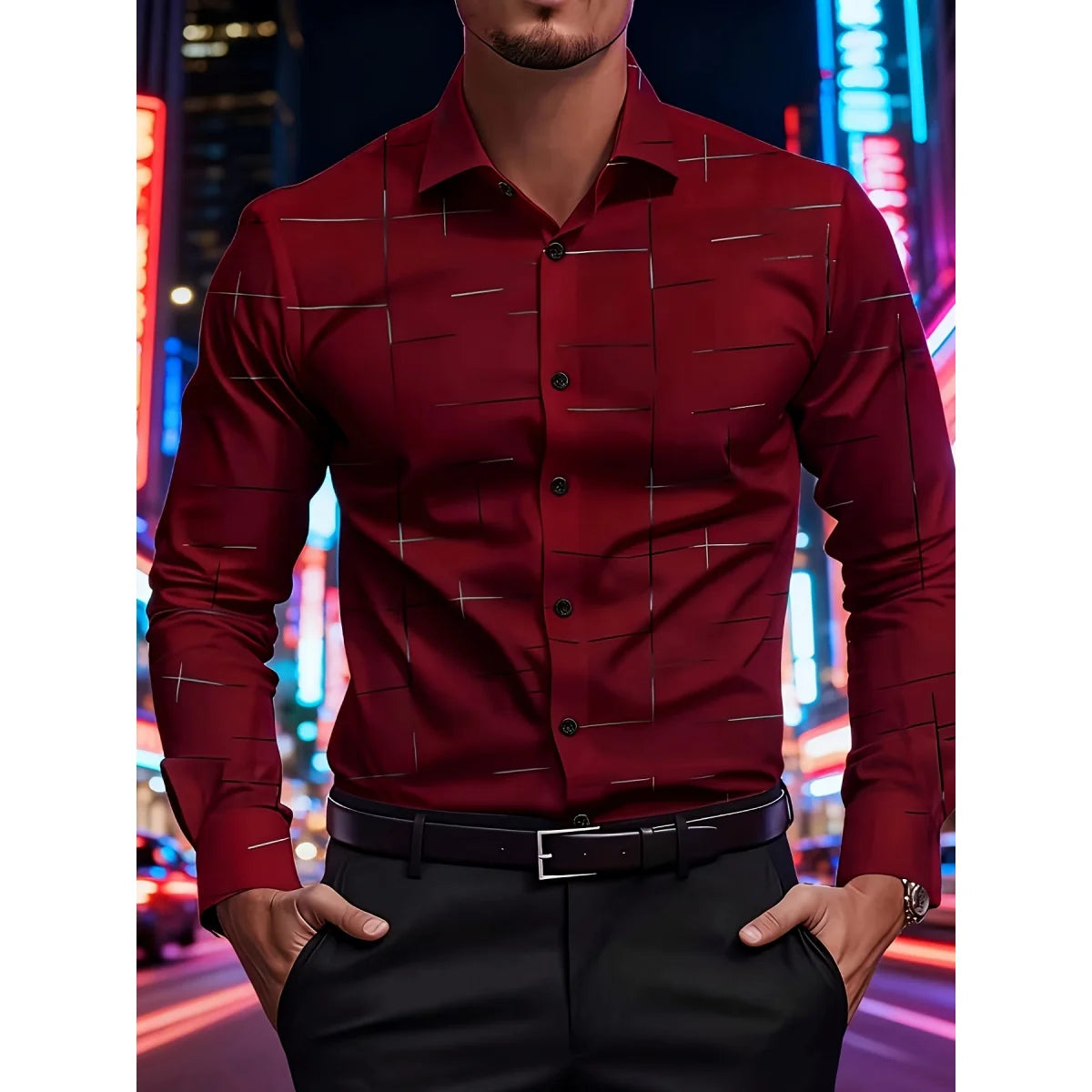 Men's Trendy Geometric 3D Line Print Long-Sleeved Shirt Men's Button up Shirt Casual Fashion Male White Shirt Lapel Shirt Tops