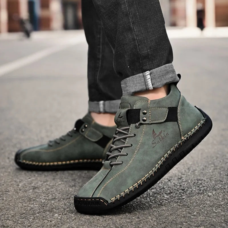 Winter New Men's Low-top Ankle Boots High Quality Hand-stitched Hook&loop Leather Casual Sneakers Classic Man Shoes Plus Size 48