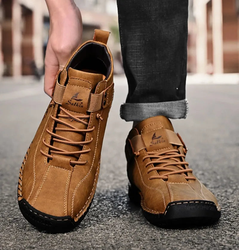 Winter New Men's Low-top Ankle Boots High Quality Hand-stitched Hook&loop Leather Casual Sneakers Classic Man Shoes Plus Size 48