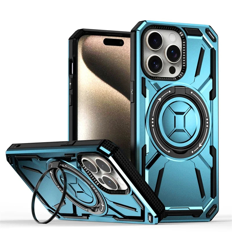 Luxury 360 ° Rotating Metal Ring Bracket Armor Magnetic Suction Protective Case for iPhone 16 15 14 13 12 11 Pro Max Plus case