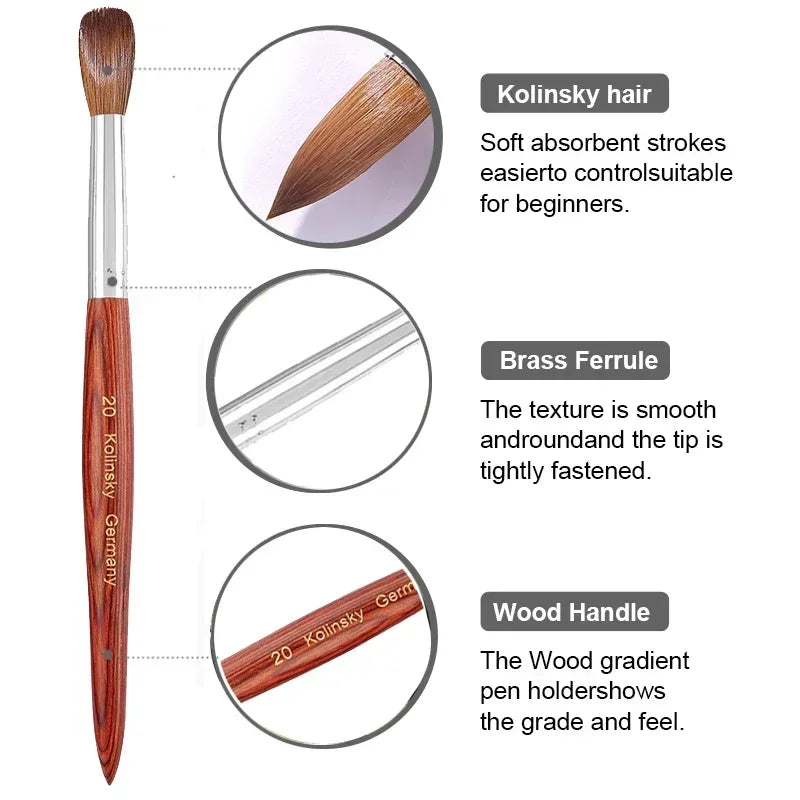 100% Prue Kolinsky Acrylic Nail Brush Oval Round Head Red Wood Handle Professional Salon Quality for Acrylic Powder Size 8-20#