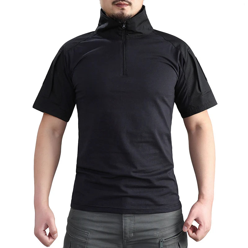 Summer Short Sleeve Combat Shirt Men 1/4 Zipper Cotton Tactical T Shirt Navy Blue Outdoor Shirts With Zipper Pocket