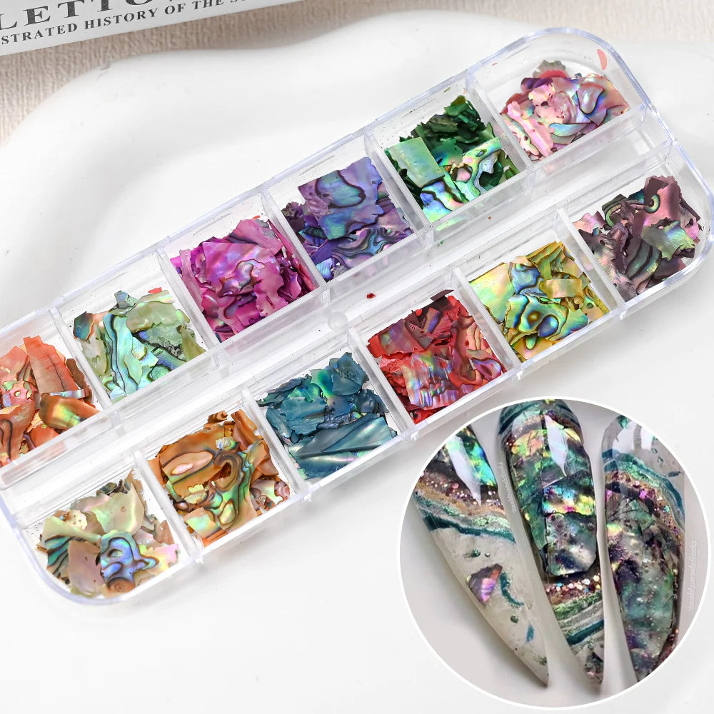 Set 12 Colores Láminas de Concha de Abalón para Nail Art – Efecto Aurora