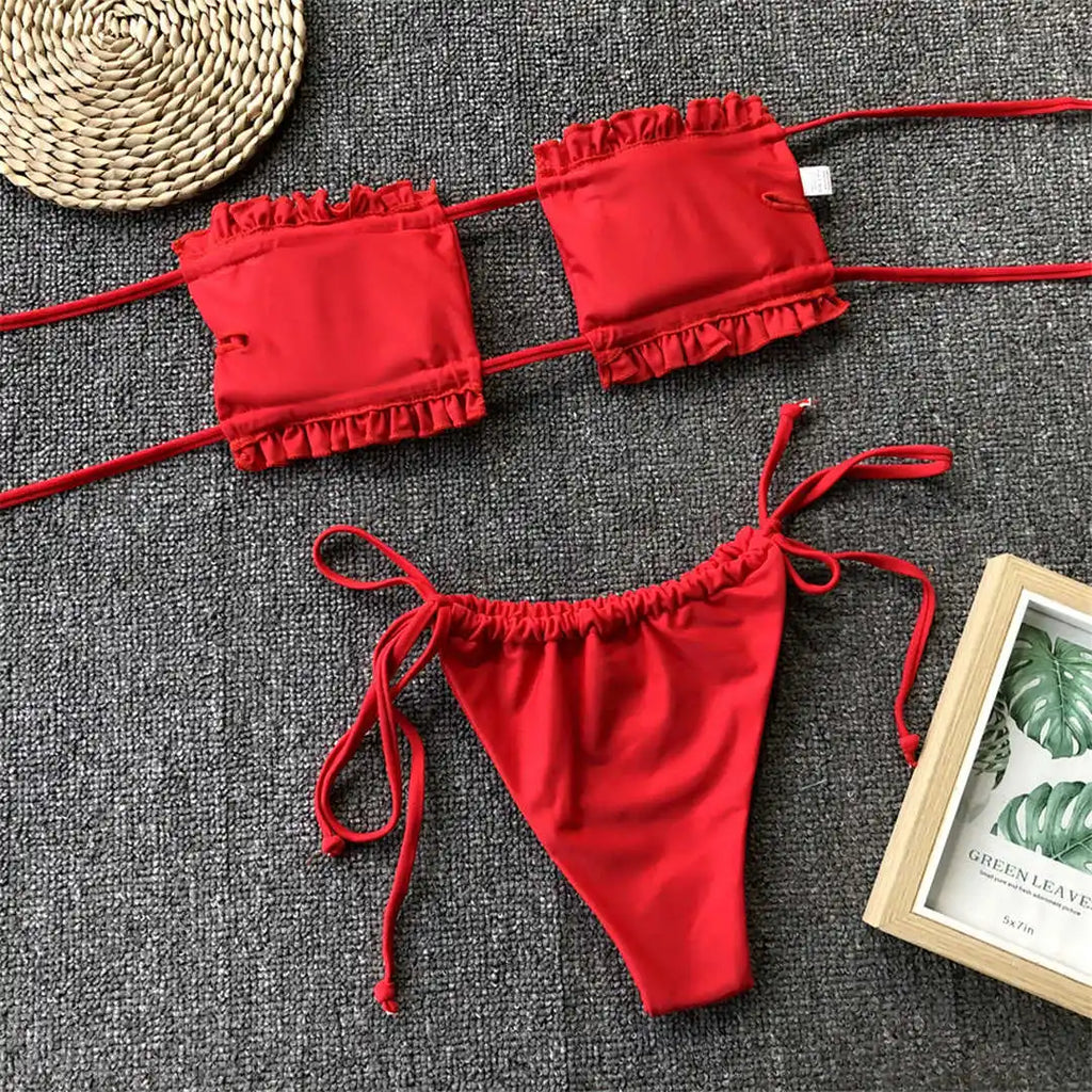 Sexy Leopard Bandeau Brazilian Bikini Swimsuit Female Swimwear Women Two-pieces Bikini set Pleated Bather Bathing Suit V1242L
