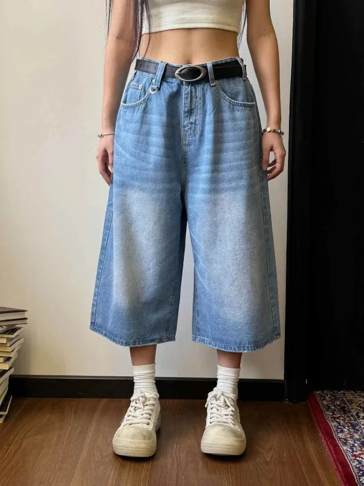 Retro Blue Wide Short Jeans Women Baggy Y2k Jorts Casual Vintage Streetwear Harajuku Korean Style Denim Shorts Basic Summer 2024