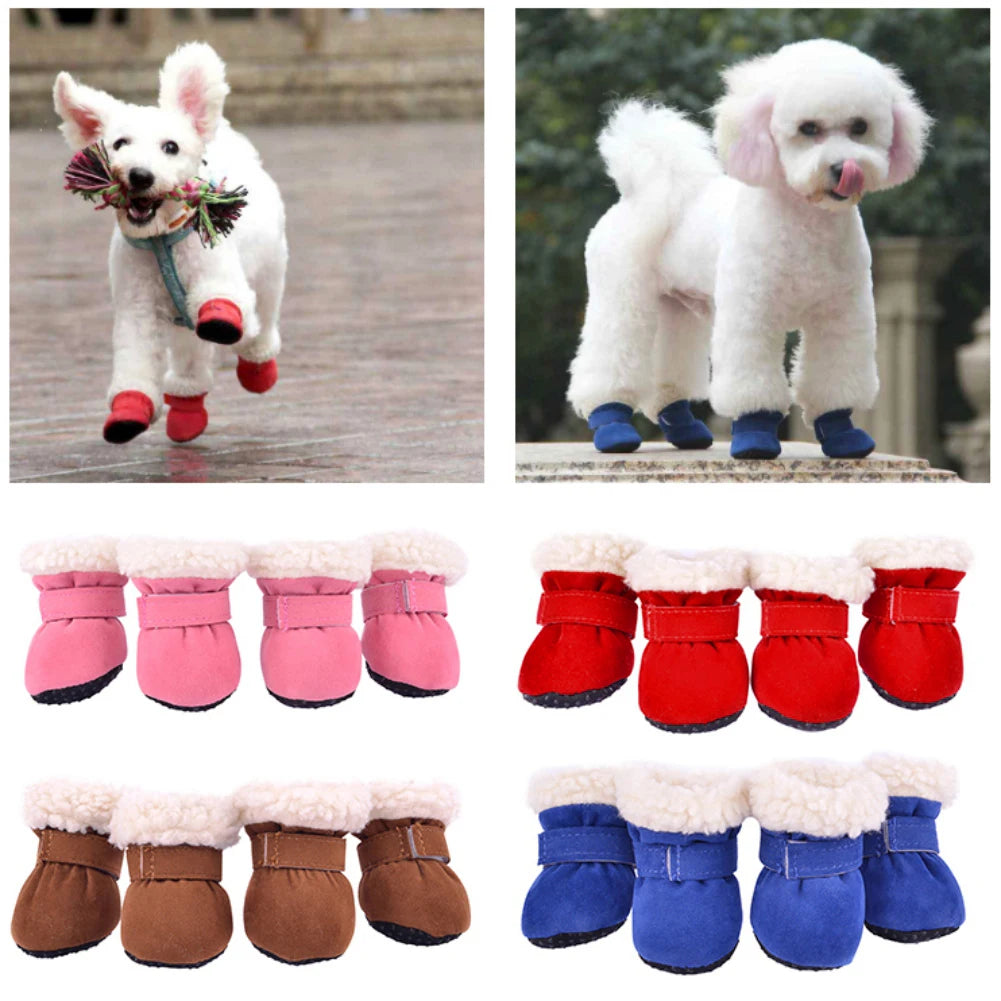 4pcs/Set Plush Dog Boots – Warm Autumn & Winter Pet Shoes
