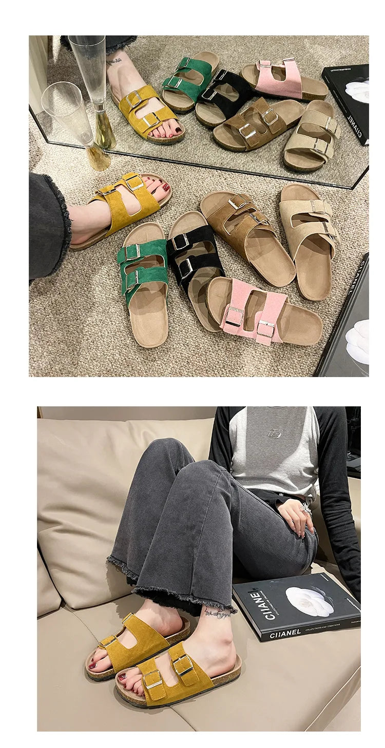 Litfun Women's Cork Footbed Sandals Classic Flat Sandals Fashion Thick Bottom Double Buckle Slides Beach Sandals With Adjustable