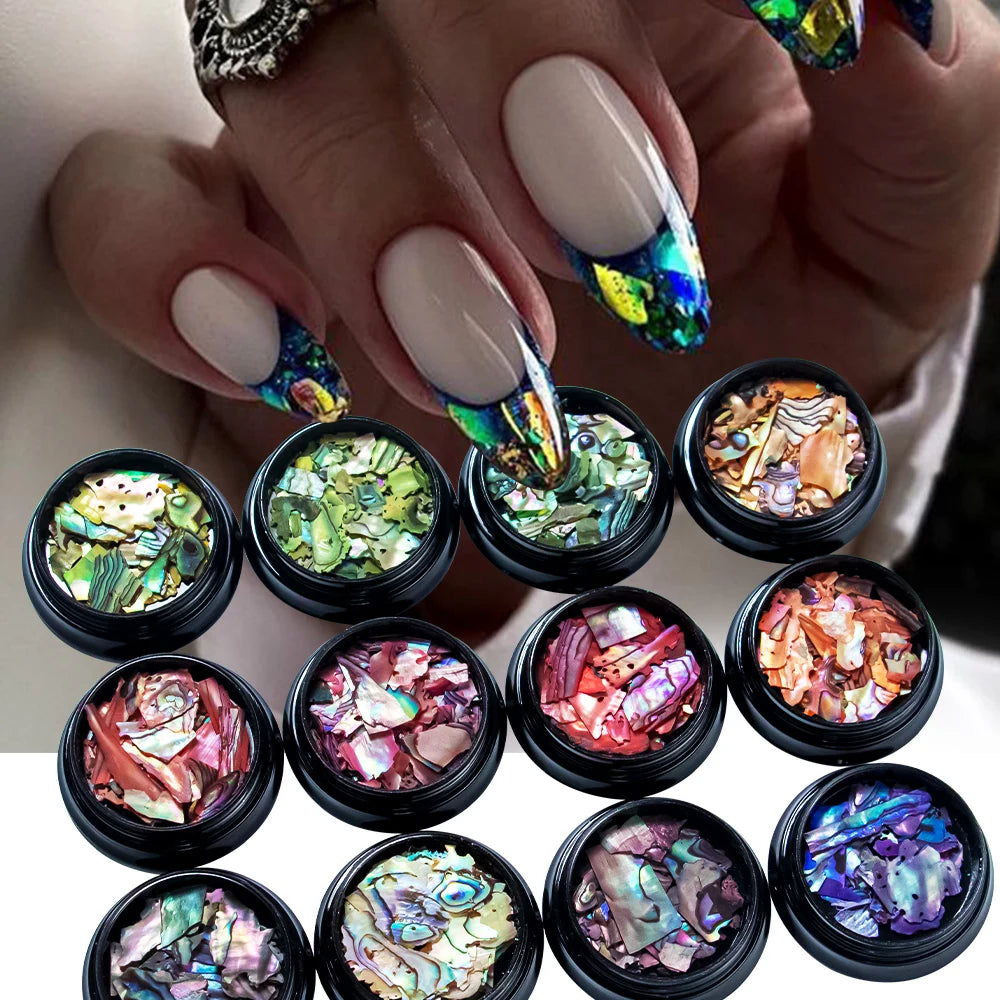 Set 12 Colores Láminas de Concha de Abalón para Nail Art – Efecto Aurora