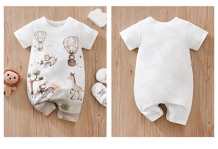 Baby Summer Animal Print Bodysuit – Short Sleeve Cute Cartoon Onesie for Boys & Girls