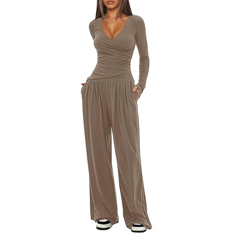 2025 autumn and winter wide leg pants set, women's long sleeved multi occasion sportswear, commuting hot selling item