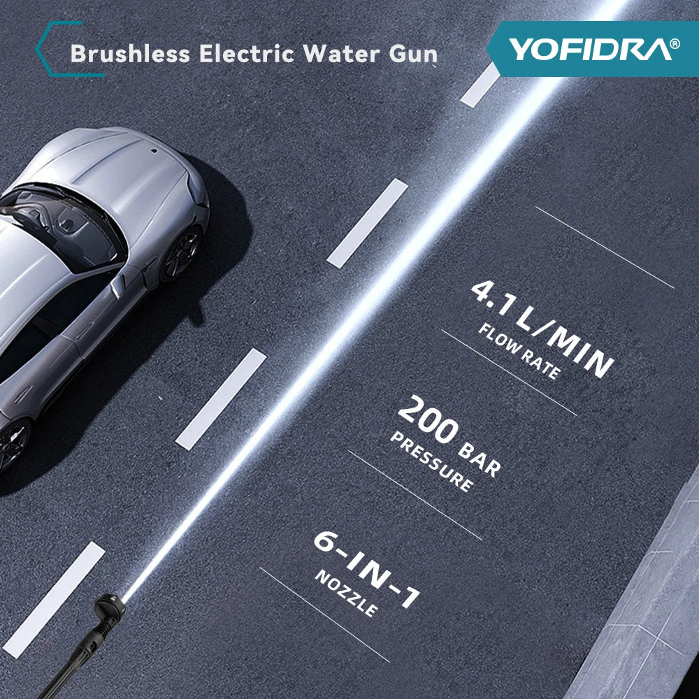 YOFIDRA 200Bar Brushless High Pressure Washer Gun Electric Car Washer Garden Watering Gun Cleaning Tools for Makita Battery Pins