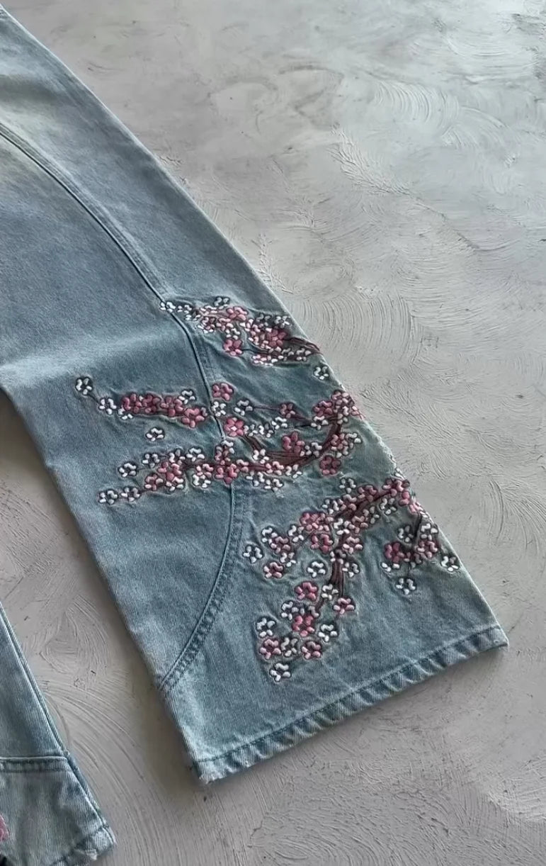 Men Women Cherry Blossom Knight All Embroidery Denim Pants Y2k Vintage Baggy Street Straight Jeans High Waisted Washed Blue Jean