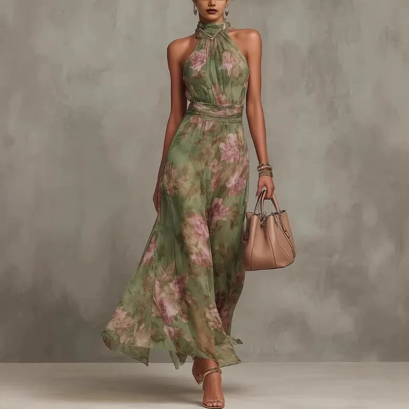 Elegant Ruched Mesh Maxi Dress – Printed Split Cami Style