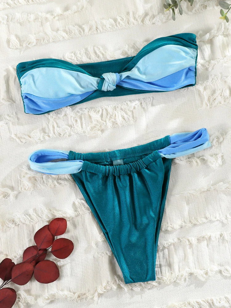 Rinabe Women's Swimsuit Solid Biquinis Off Shoulder Bikinis Women Low Waist Swimwear Pleated Bathing Suit Female Bikini Sets