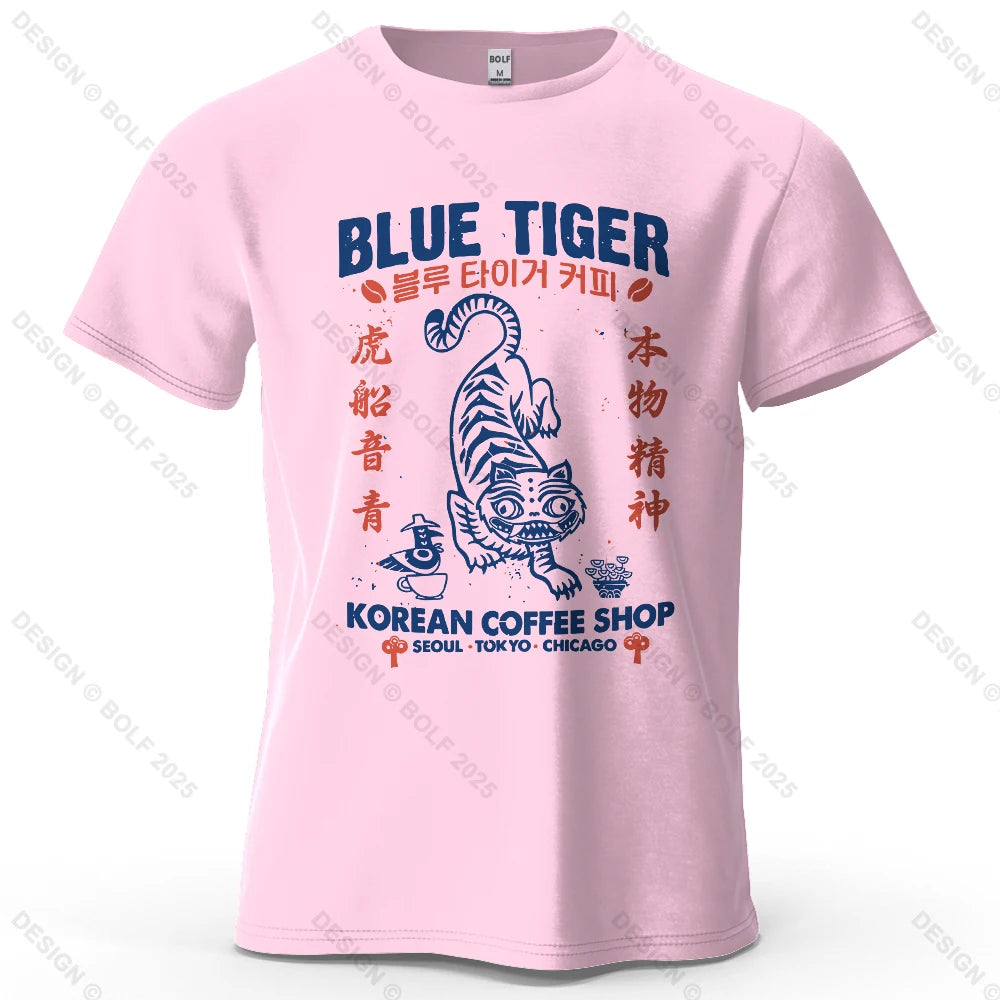 BLUE TIGER Trendy Printed Men's T-Shirt 100% Cotton Oversized Cultural Graphic Tees for Women Tops Tees Casual Streetwear