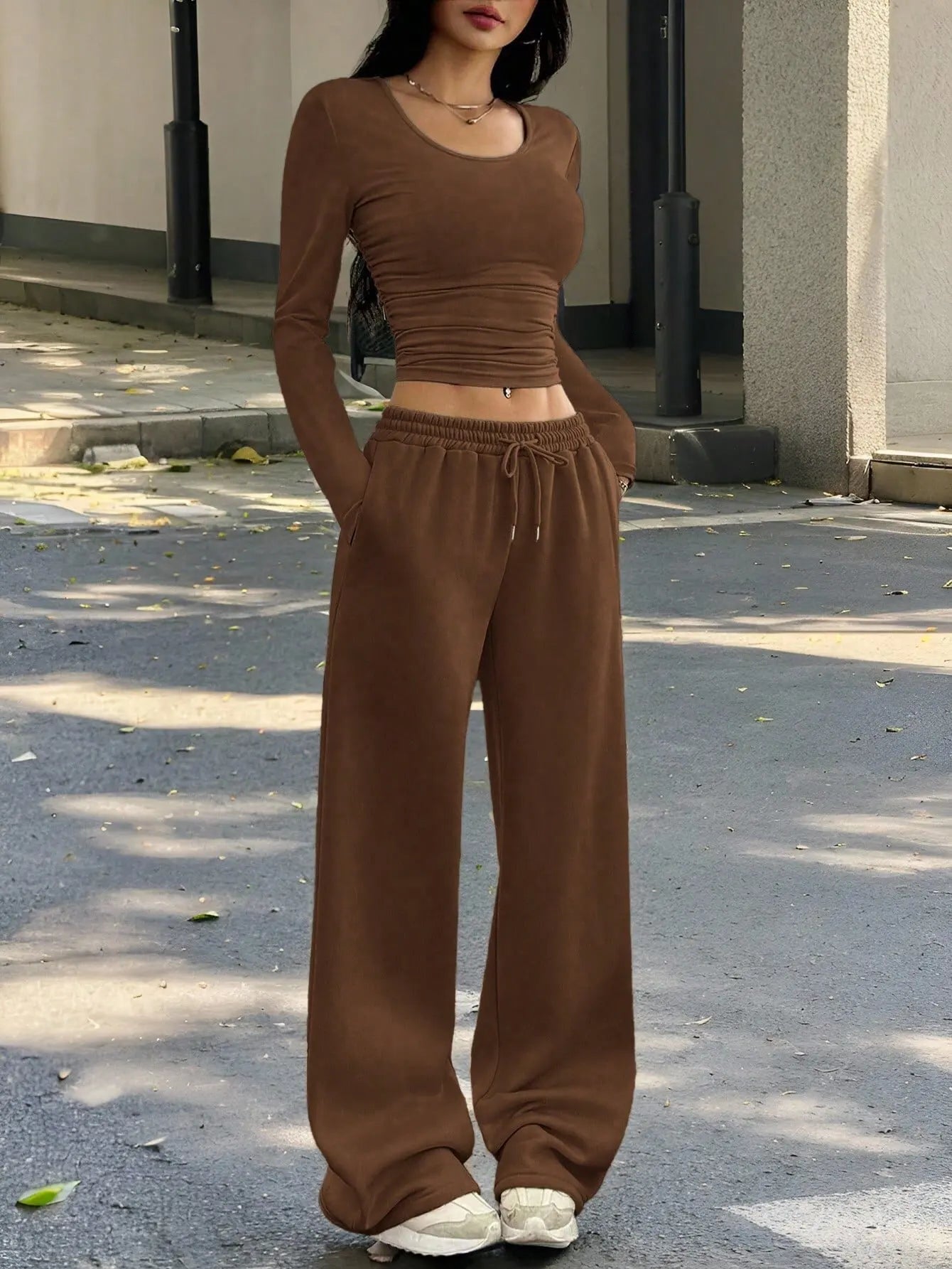Women's Fashion Casual Wide Leg Pants Long Sleeve Crew Neck Solid Color Slim Two-piece Autumn and Winter Suit