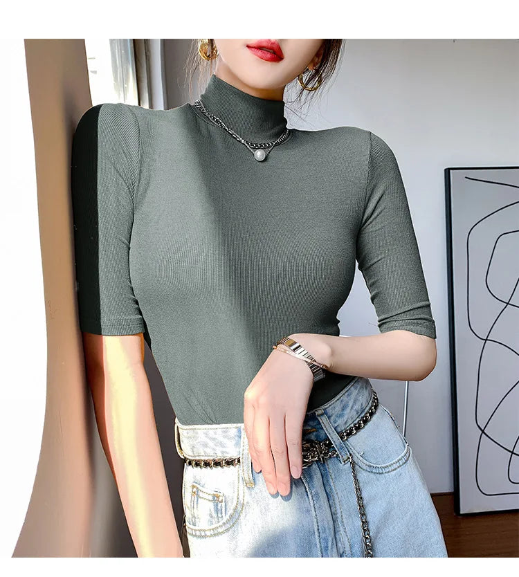 Basic  T Shirt Women Turtleneck Slim Tshirt Short Sleeve T-shirts Female Casual Elasticity White Tee Shirt Femme Woman Top
