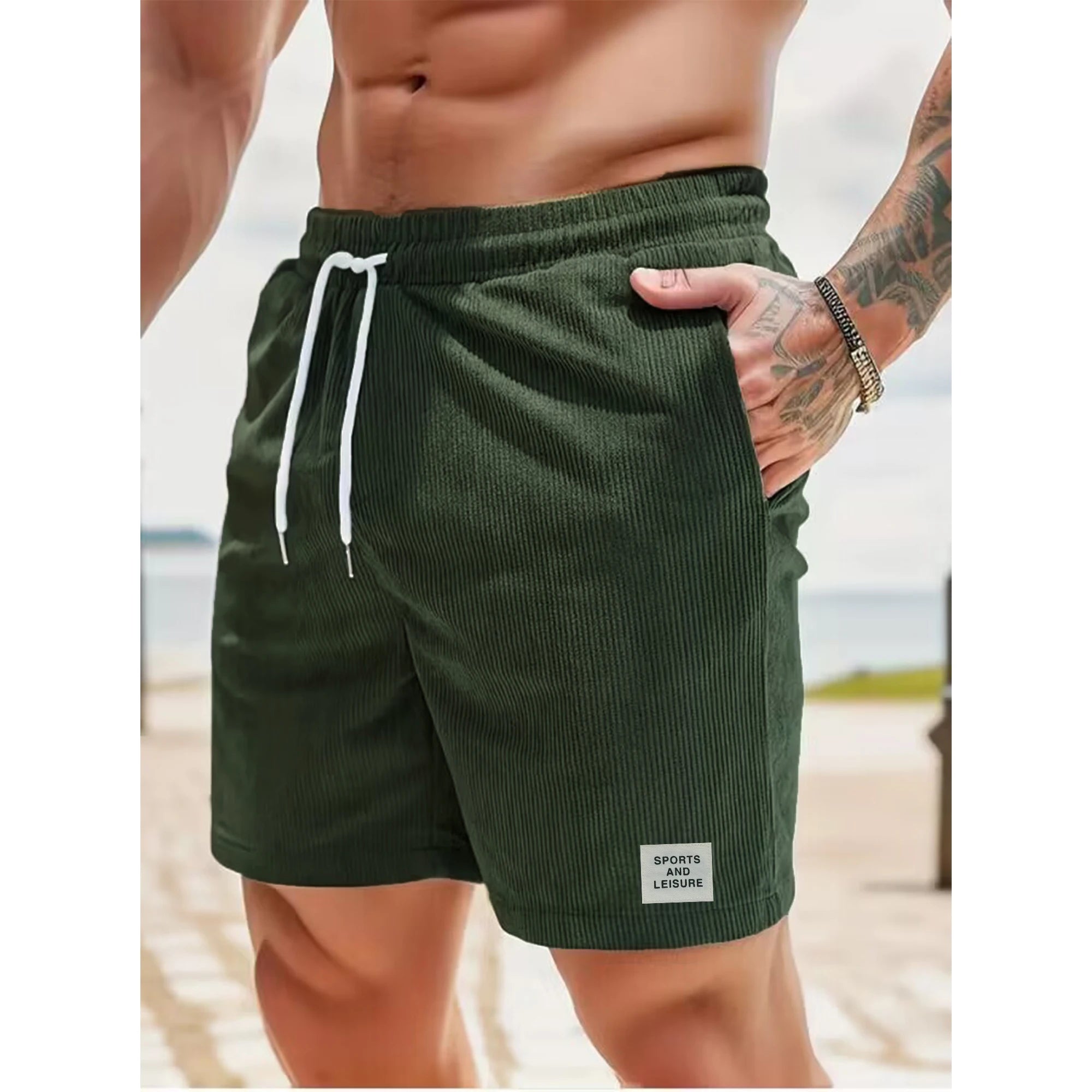 Summer new solid color lace-up sweatpants corduroy simple quarter shorts men's shorts casual pants