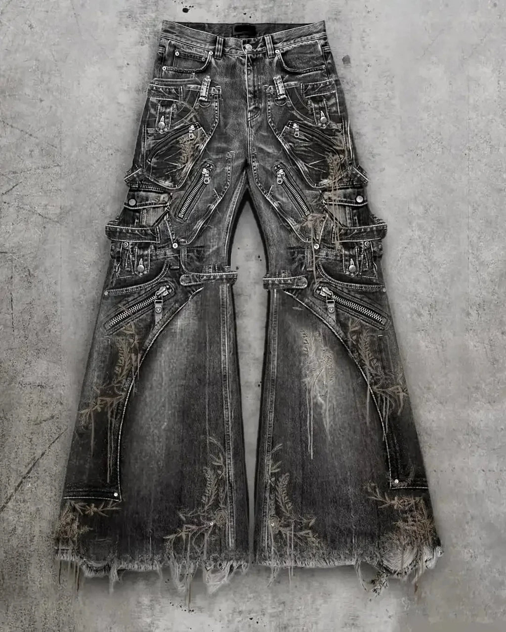 Streetwear Goth Punk Multi-Pocket Cargo Jeans Mens Black Distressed Flared Denim Pants with Straps Zippers Studs  Frayed Edges