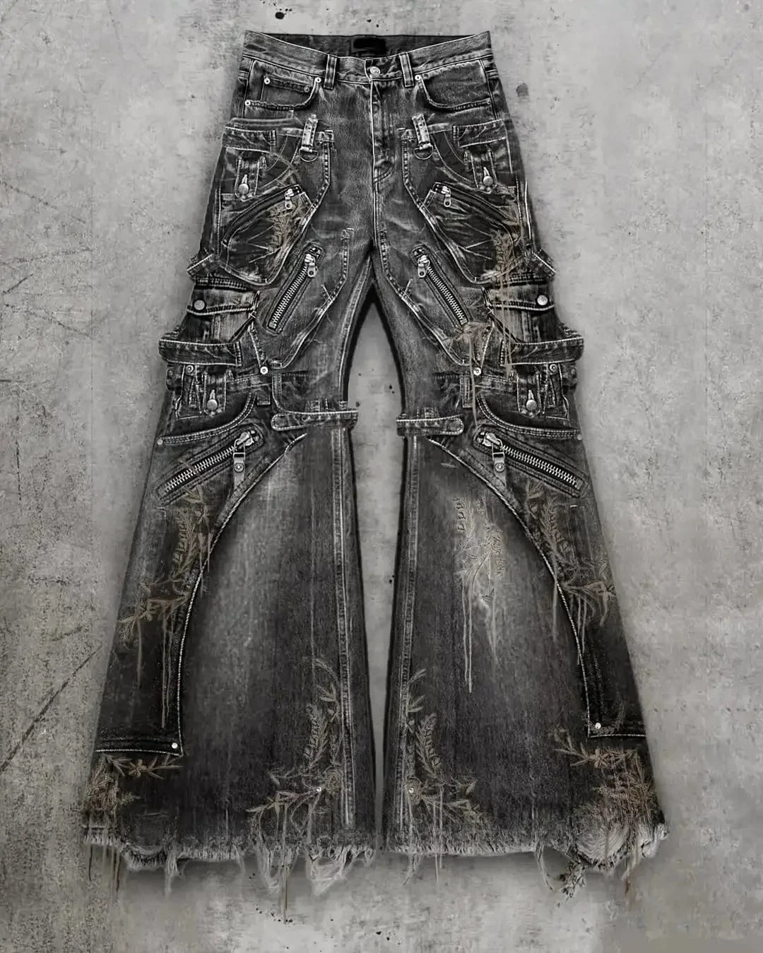 Streetwear Goth Punk Multi-Pocket Cargo Jeans Mens Black Distressed Flared Denim Pants with Straps Zippers Studs  Frayed Edges