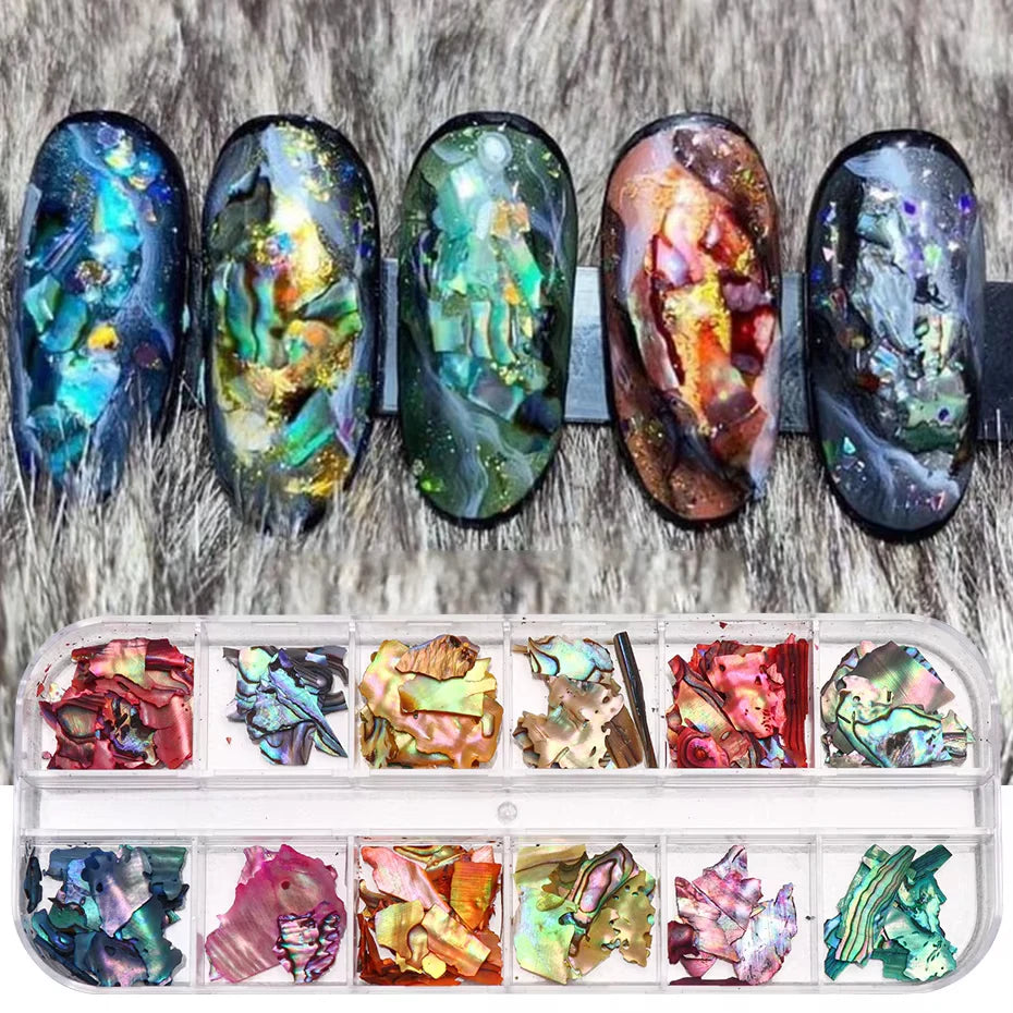 6/12Grid Abalone Sea Shell for Nails Holographic Mirror Nail Art Glitter Flakes Rainbow Mermaid Irregular Sequins Manicure Decor