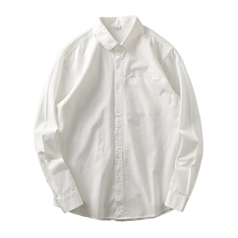 Dukeen Long-Sleeved Shirt Men's Spring and Autumn Cotton Senior Sense of Casual Solid Color White Lapel Shirt Vintage Clothes