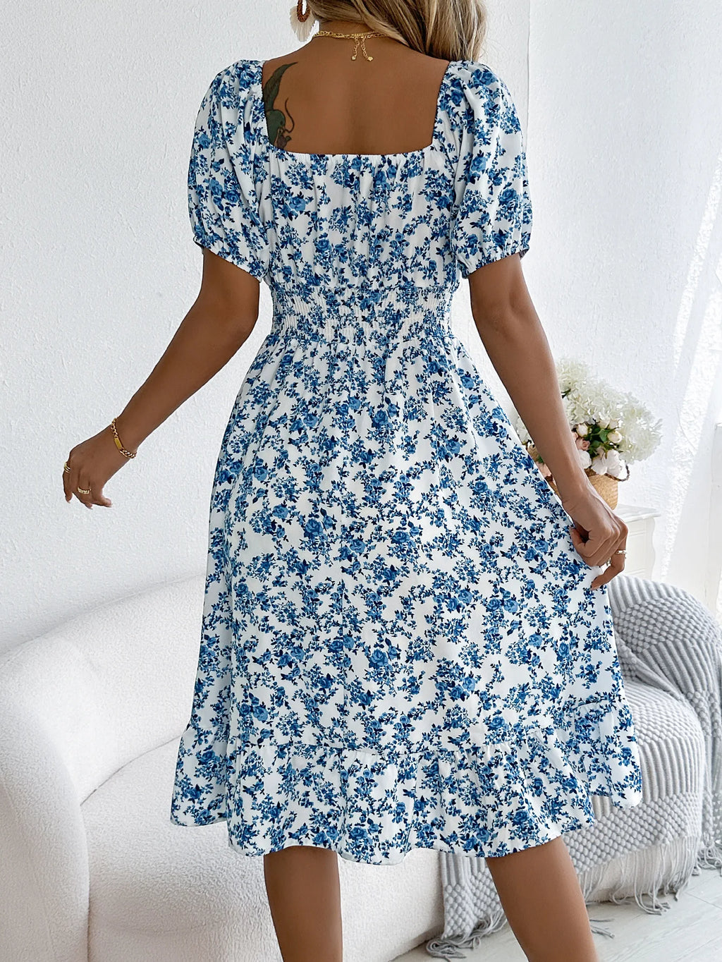 Summer Women's Beach Dress Floral 3D Print Square Neck Short-Sleeved Ladies Waist Ruffled A-Line Dress For Women Holiday Dresses